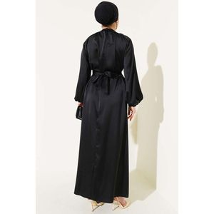 Negro cinturón globo manga satén noche alto Jacquard Simple hasta la rodilla hasta el suelo vestido de baile para fiestas eventos formales - Product Image 3