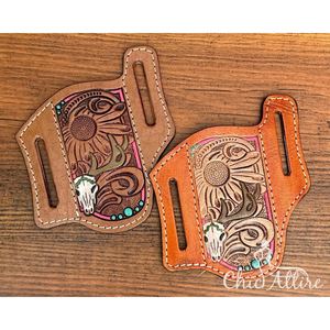 Étui de couteau usiné à la main Portable gaine de couteau en cuir véritable pour couteaux à lame fixe/pliante gaine florale pour ceinture pour unisexe - Product Image 1