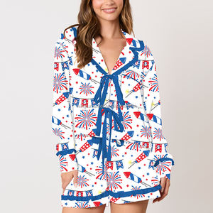 Summer <strong>Patriotic</strong> Fireworks Flag Print Long Sleeve Shirt <strong>Shorts</strong> Pajama Set Women - Product Image 5