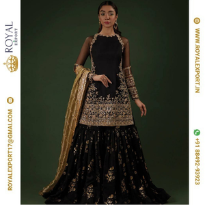 Ensemble de costume Sharara de qualité supérieure en faux georgette lourd avec broderie et travail de séquence, prix de gros - Product Image 1