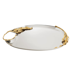 Plateau de service ovale en acier inoxydable de qualité supérieure avec poignées en feuille d'or pour la maison et les événements, parfait pour servir les aliments - Product Image 6