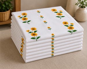 Hand Embroidered Sunflower Cotton <b>Tablecloth</b> Set Classic Floral Design Eco-Friendly Washable Customizable Home Use White - Product Image 1
