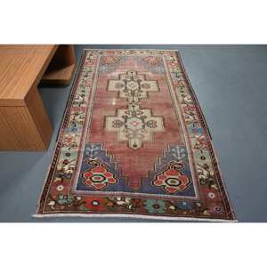 Auténtica alfombra turca de área grande 4,1 X 7.3ft hecho a mano rojo azul diseño de retazos lana látex forma rectangular para uso en la habitación del pasillo - Product Image 1