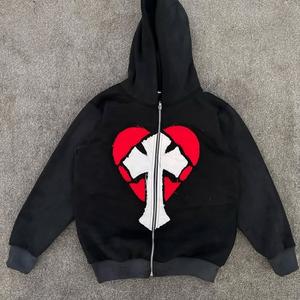 100% algodón personalizado chándal pesado GSM desgastado bordado trabajo de gran tamaño desgastado Zip up Sudadera con capucha y pantalón - Product Image 4