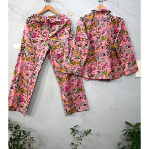 Ensemble de pyjama d'été en coton doux à imprimé en bloc, respirant, séchage rapide, luxe décontracté, manches longues, confortable, élégant - Product Image 3