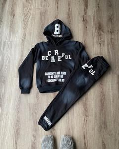 Trajes de sudor lavados con ácido personalizados para la angustia de invierno Chaqueta con capucha acampanada Conjunto de chándal con pantalones de chándal acampanados - Product Image 1