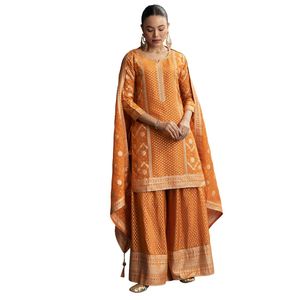 Costume Palazzo Jacquard Orange Avec Tissage Jacquard Banarasi Vente en Gros Vêtements Ethniques pour Femmes OEM Fournisseur en Vrac d'usine de Vêtements - Product Image 4