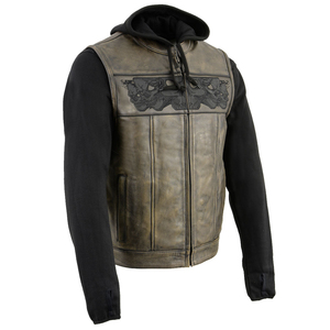Chaleco de Cuero Marrón Vintage para Hombre con Mangas de Sudadera Negras, Bordado de Calavera, Estilo Motero Gótico - Product Image 6