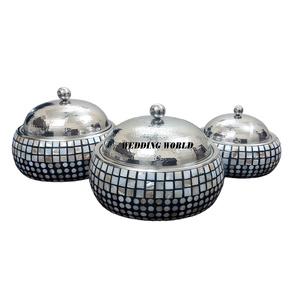 Set Of Three Mother Of Pearl Hotpot Excellent Quality Handmade Casserole Round shape <b>Royal</b> Dinnerware Luxury Meta Food Warmer - Product Image 1