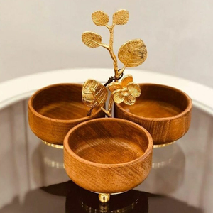 Tazón de Madera con Diseño de Hojas y Base Dorada, Tazón para Ensaladas y Frutas, Utensilios de Cocina Ecológicos y Duraderos - Product Image 1