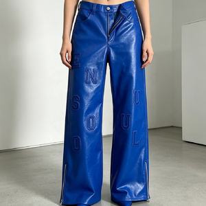 Buy New Blue High Waist Wide Leg <b>Leather</b> Pants Embossed Letter Logo Zipper Fly Street Style <b>Men's</b> <b>Trousers</b> - Product Image 5