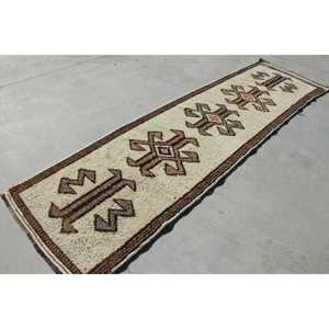 Vintage <b>Runner</b> <b>Rug</b> 3x11 ft (91x336 cm), Herki Brown Polka dot Turkish <b>Rug</b> - Product Image 3