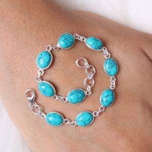 Bohemian 8x10mm Oval Cabochon Link Chain Amazing Blue Turquoise Bezel Setting Solid 925 Sterling Silver <b>Bracelet</b> <b>Christian</b> Wife - Product Image 3