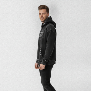 Sweat-shirt à capuche noir délavé pour homme, imprimé pailleté, poche ornée de strass, coupe décontractée oversize, style décontracté - Product Image 2