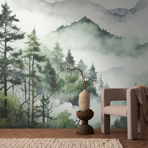 ภาพติดผนังลายป่าธรรมชาติ สีเขียว ขาว เทา ผลิตในเยอรมนี วัสดุไวนิลแบบไม่ทอ ลอกออกได้ ดีไซน์ทันสมัย เหมาะสำหรับห้องนอนและโรงพยาบาล - Product Image 1