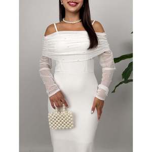 MissJANELL Vestido largo blanco con tirantes de tul y detalles de perlas para mujer, elegante vestido de noche para fiesta, mezcla de poliéster y elastano - Product Image 2