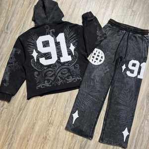 ชุดแทรคสูทผ้าฝ้ายระบายอากาศ พร้อมกางเกงขาบานปักลายแบบดิสเทรส และเสื้อฮู้ดครอป  งานพิมพ์โลโก้คุณภาพพรีเมียมตามสั่ง - Product Image 4