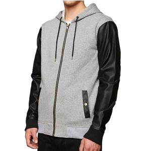 Venta al por mayor Fabricación Sólido Negro Hombres Manga de cuero Sudadera con capucha Transpirable Cremallera Sudadera con capucha con mangas de cuero - Product Image 6