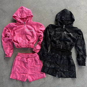 Diseño personalizado de invierno Vintage Sweat Suits apliques bordados con cremallera completa desgastado lavado ácido chándal con capucha y conjunto corto de las mujeres - Product Image 4