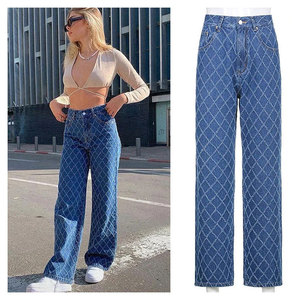 กางเกงยีนส์ขากว้างสำหรับผู้หญิงกางเกงขากว้างพิมพ์ลายทรงแบ็กกี้ทรงตรงตามสั่ง - Product Image 2