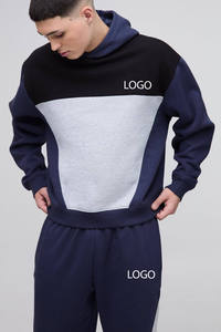 OEM Custom 2-Piece <b>Men's</b> Sporty <b>Jogger</b> Set <b>Navy</b> Oversize Hoodie Raglan Color Block Zipper Hoodie & Wide Leg Sweatpants Tracksuit - Product Image 5