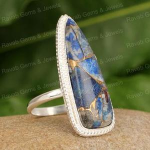 Meilleure vente 925 argent Sterling femmes Designer Cocktail bague véritable Lapis Lazuli cuivre billion forme 10x20mm bijoux fins - Product Image 3