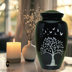 Urna Funeraria Negra Brillante Estilo Americano/Europeo con Diseño de Pájaros en el Árbol, Ecológica, 10 Pulgadas, 220 Pulgadas Cúbicas - Product Image 2