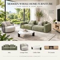 Ensemble de meubles modernes vert sauge sur mesure pour toute la maison : canapé de salon, table à manger ronde, chaises et lit rembourré