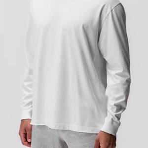 Camiseta blanca 100% de algodón ajustada de manga larga con cuello redondo para hombre, camisas casuales de Punto ligero para gimnasio, ropa informal frontal sólida - Product Image 5