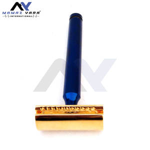 Rasoir de sécurité à double tranchant, rasage traditionnel, salon de barbier, rasoir classique DE, manche bleu, tête dorée, rasage de sécurité pour barbier - Product Image 4