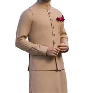 Exquisito chaleco oriental Beige Dorado con lujoso acento cuadrado de bolsillo rojo diseñado en estilo Sherwani - Product Image 4