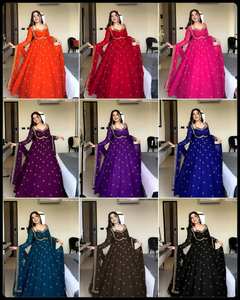 Vestido Anarkali de georgette de lujo para mujer, con bordado de zari, detalles de lentejuelas, ropa festiva para bodas, largo y acampanado, estilo étnico. - Product Image 3