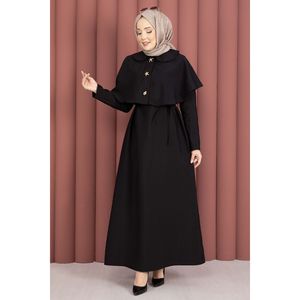 Minimalist Black <b>Cape</b> Detail Woolen Dress with Lace-Up for Daily Wear - Product Image 1