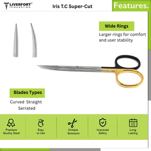 T.C SuperCut Iris Tijeras 4 ", 4,5" Curvada, Autoclavable, Serrada Super-Cut CVD Tijera de punta fina con punta de carburo de tungsteno CE - Product Image 2