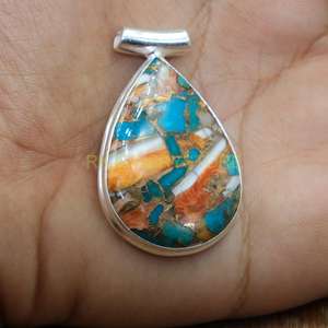 Pendentif en forme de larme en argent sterling 925 avec mosaïque de nacre et de turquoise, bijoux faits à la main - Product Image 3