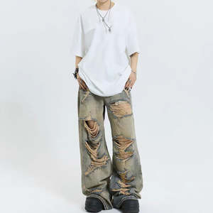 กางเกงยีนส์ทรงหลวมพิมพ์ลายสไตล์เรโทร ผ้าฝ้าย 100% คุณภาพสูง กางเกงยีนส์เดนิมพิมพ์ลายดิจิทัลสำหรับผู้ชาย กางเกงยีนส์ทรงหลวมแบบฟอก - Product Image 3