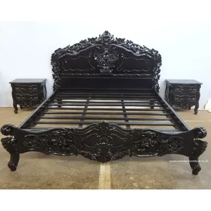 Rococo-muebles de dormitorio pintados a mano, hechos de madera, tallados a mano por Jepara Crafter en el centro de Java, Indonesia, negro