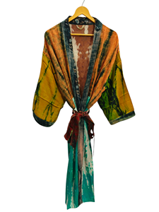 Tie Dye Sari Tela Kimono Multi Color Robe Wrap Dress Mujer Verano Sari Seda Kimono Tamaño libre Robe - Product Image 2