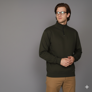 <b>Men</b> Half Zip Button Collar Knitted Eco-Friendly <b>Sweatshirt</b> 60% Cot 40% Poly ODM Solid Plain Dyed 300-400 GSM Autumn Season - Product Image 3