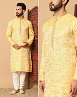 Ensemble de pyjama élégant pour homme en rayonne, à séchage rapide, avec jacquard épais et paillettes, idéal pour les saisons festives - mariages, fêtes, Diwali