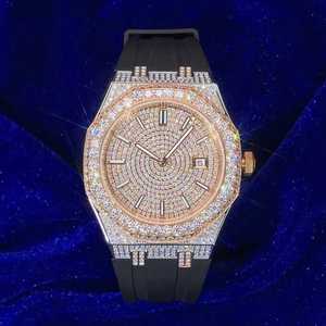 Reloj de Lujo con Diamantes Moissanite para Hombre, Correa de Goma Negra, Caja de Acero Inoxidable, Analógico, Deportivo, Cristal de Zafiro, ETA - Product Image 2