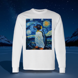 T-Shirt a Maniche Lunghe Stile Van Gogh Notte Stellata con Design di Pinguini per Promozioni - Product Image 3