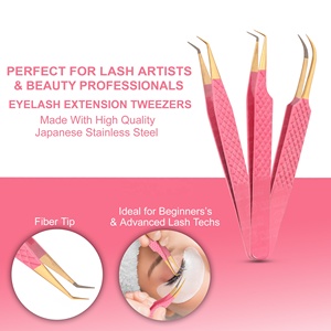 Pinces à épiler pour extensions de cils en acier inoxydable allemand, ultra-précises, non magnétiques, sans interstices, avec pointe en fibre, poignée diamantée, pointe rose, dorées - Product Image 2