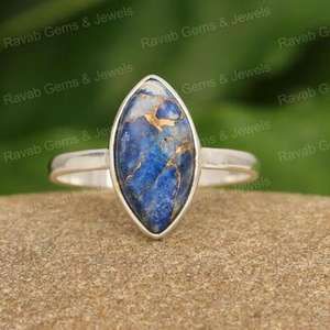 Anillo fino de Plata de Ley 925 hecho a mano para mujer, diseño de gatito, Marquesa suave, cobre, lapislázuli Natural, piedra preciosa, oro rosa - Product Image 1