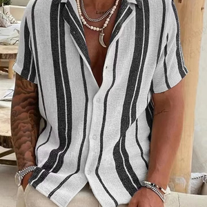 Camisa Hawaiana para hombre, camisa con estampado 3D a rayas para vacaciones, camisa de manga corta con botones, camisas de playa de un solo pecho, blusa transpirable para mujer - Product Image 1