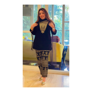 Pantalon de tailleur en velours stylisé avec Dupatta orné d'une broderie lourde et d'une séquence scintillante, parfait pour la fête - Product Image 1