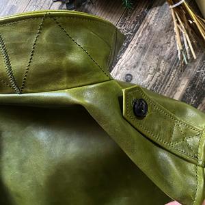 High Quality American Street Fashion Automotive Man's <b>Genuine</b> Sheep Skin Cow Green Leather Jacket Topcoat Made of Canvas - Product Image 6