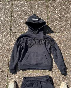 Conjunto de pantalones de chándal y Sudadera con capucha vintage desgastados personalizados, traje de diamantes de imitación de peso pesado cuadrado de gran tamaño lavado con ácido negro recortado - Product Image 2