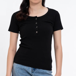 Wholesale Customizable <b>Women's</b> Solid <b>Black</b> Breathable Cotton-Blend Knitted <b>Tops</b> Short Sleeve Henley <b>Top</b> Button Decoration Casual - Product Image 2