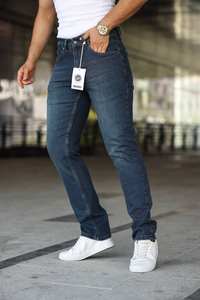 กางเกงยีนส์ทรงตรงผู้ชาย ทรงสลิมฟิต ยืดได้ เป็นมิตรกับสิ่งแวดล้อม สไตล์วินเทจ เอวกลาง สีเดนิม แฟชั่นสตรีทแวร์ พร้อมโลโก้ - Product Image 2
